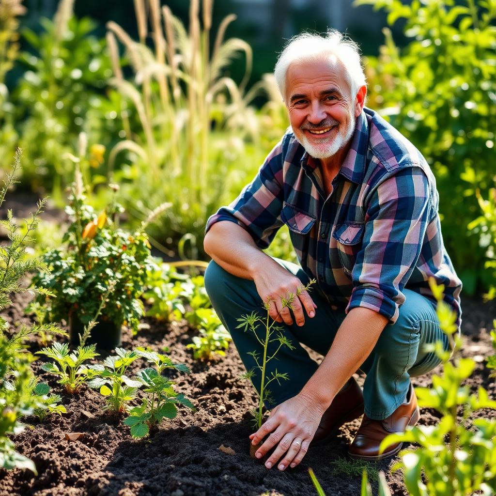 Homem maduro cuidando do jardim com mobilidade — rotina ativa apoiada pelo Fortte Alivio